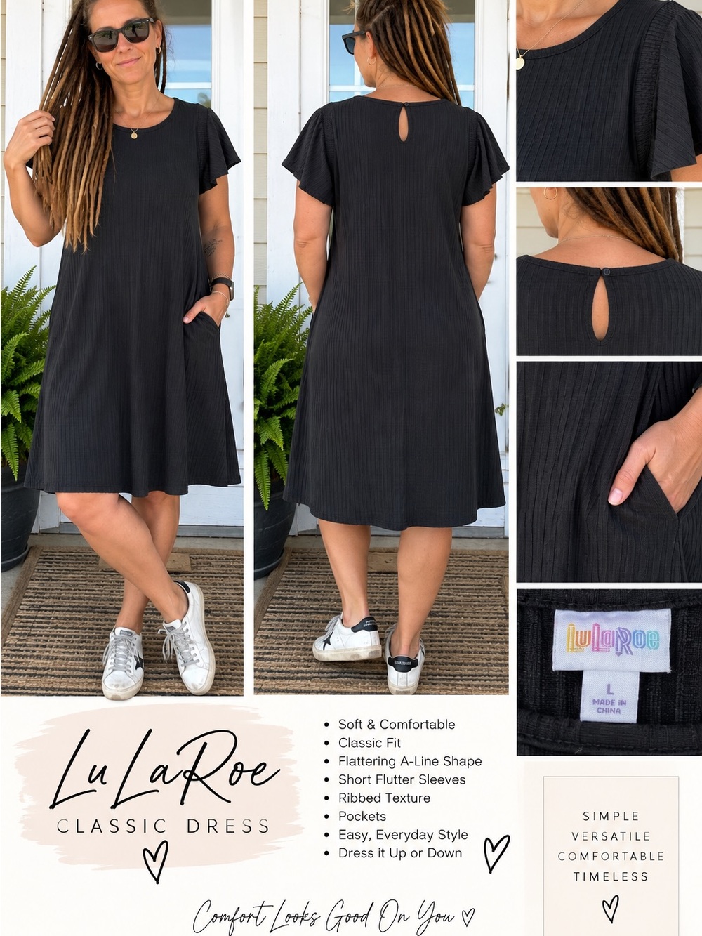 LuLaRoe Black Ribbed A-Line Dress with Flutter Sleeves